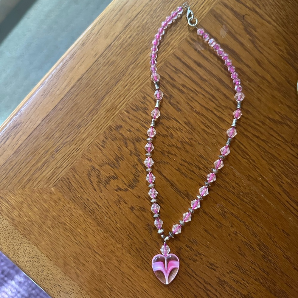 Pink Beaded Necklace with Heart Charm
